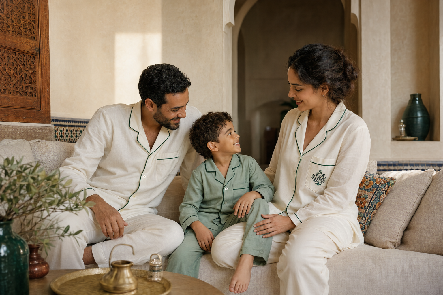 Famille marocaine portant des pyjamas coordonnés dans un riad