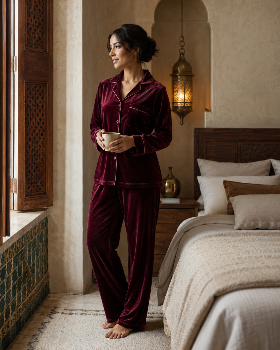 Femme marocaine portant un pyjama en velours bordeaux dans un riad