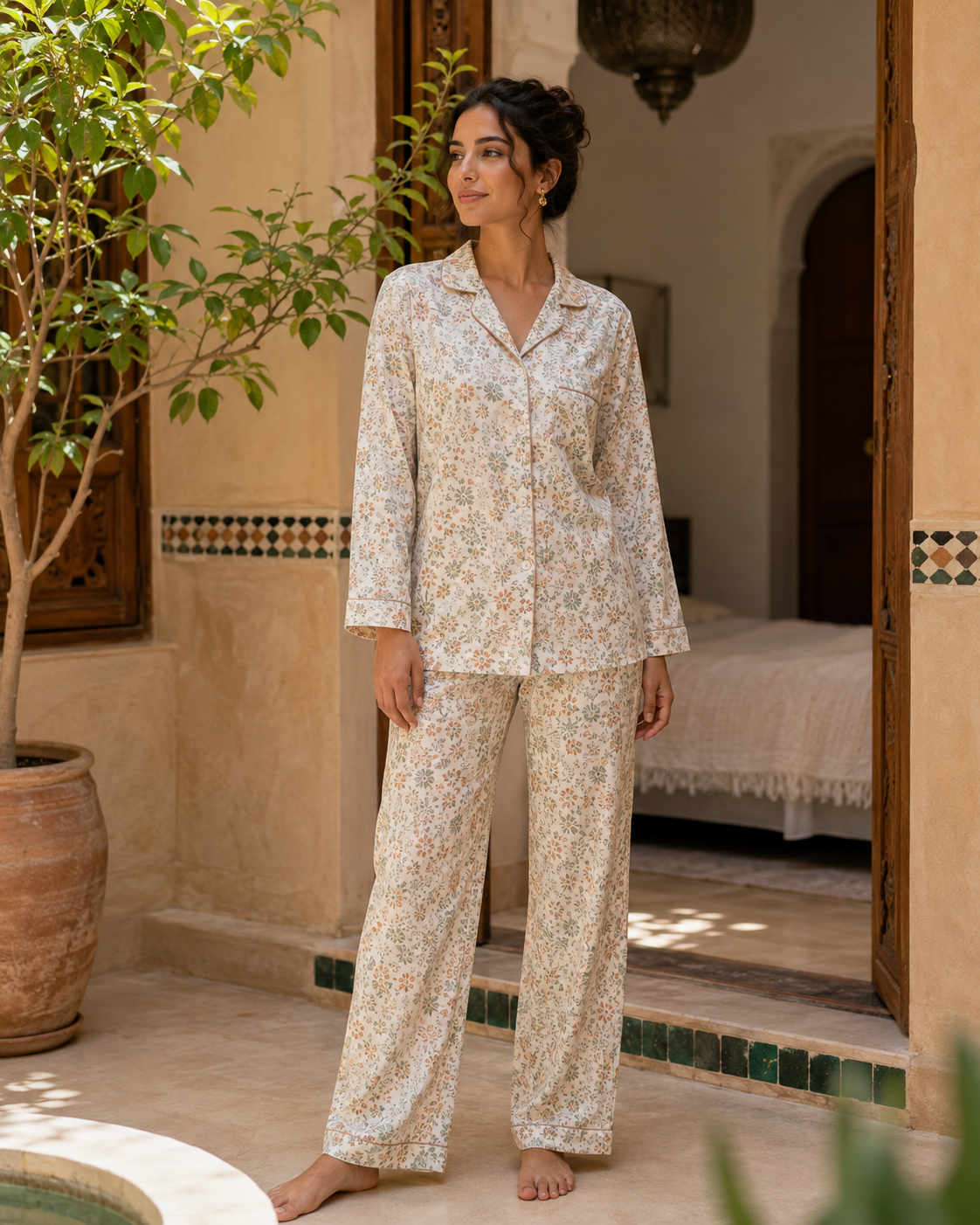 Femme marocaine portant un pyjama fleuri dans une cour de riad
